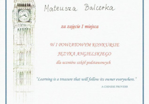 Dyplom dla Mateusza Balcerka za zajęcie I miejsca w konkursie języka angielskiego