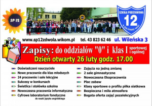 logo, szkoła, uczniowie, tarcza SP12 - informacja dotycząca oferty szkoły oraz zapisów do klas 0 i 1 